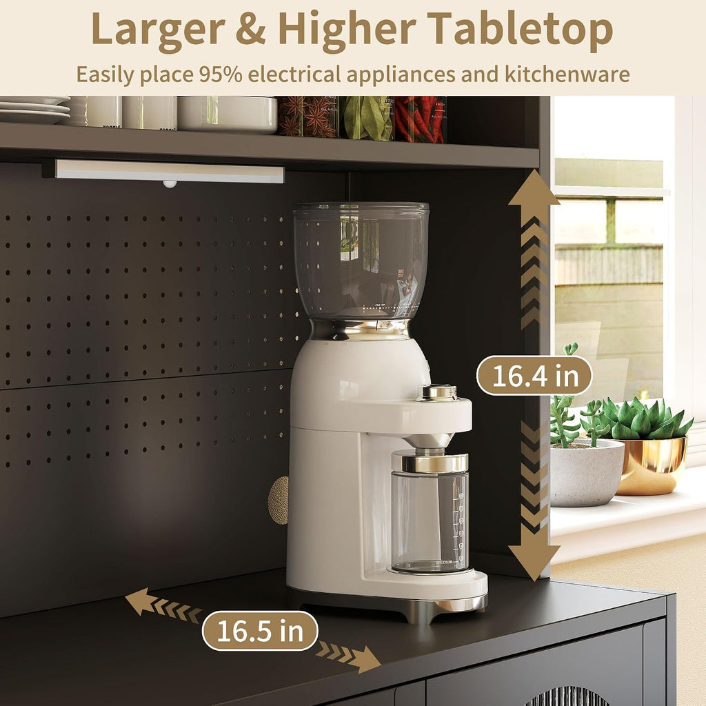 BECHEAO 5 Tier Metal Kitchen Pantry Storage Cabinet with LED Sensor Light, 66' Tall Food Pantry Cabinet, DIY Pegboard, Adjustable Shelves, Microwave Stand & Coffee Bar with Storage for Kitchen, Black
