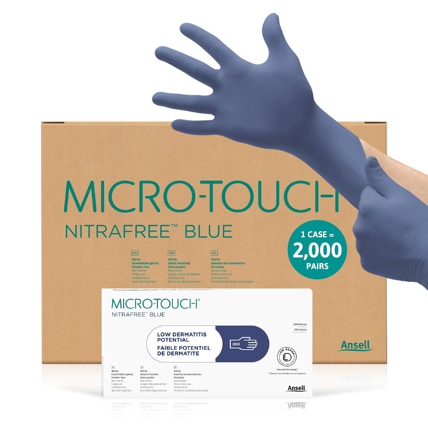 Ansell MICRO-TOUCH NITRAFREE Nitrile Gloves, 3.9mil, Powder-Free With Textured Fingertip - Large, Blue (Case)