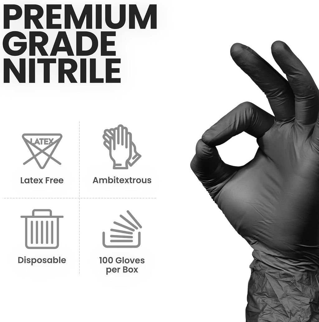 HandCare 6 Mil Black Nitrile Disposable Gloves, Powder-Free & Latex-Free for Cleaning, Food Prep & Tattoo