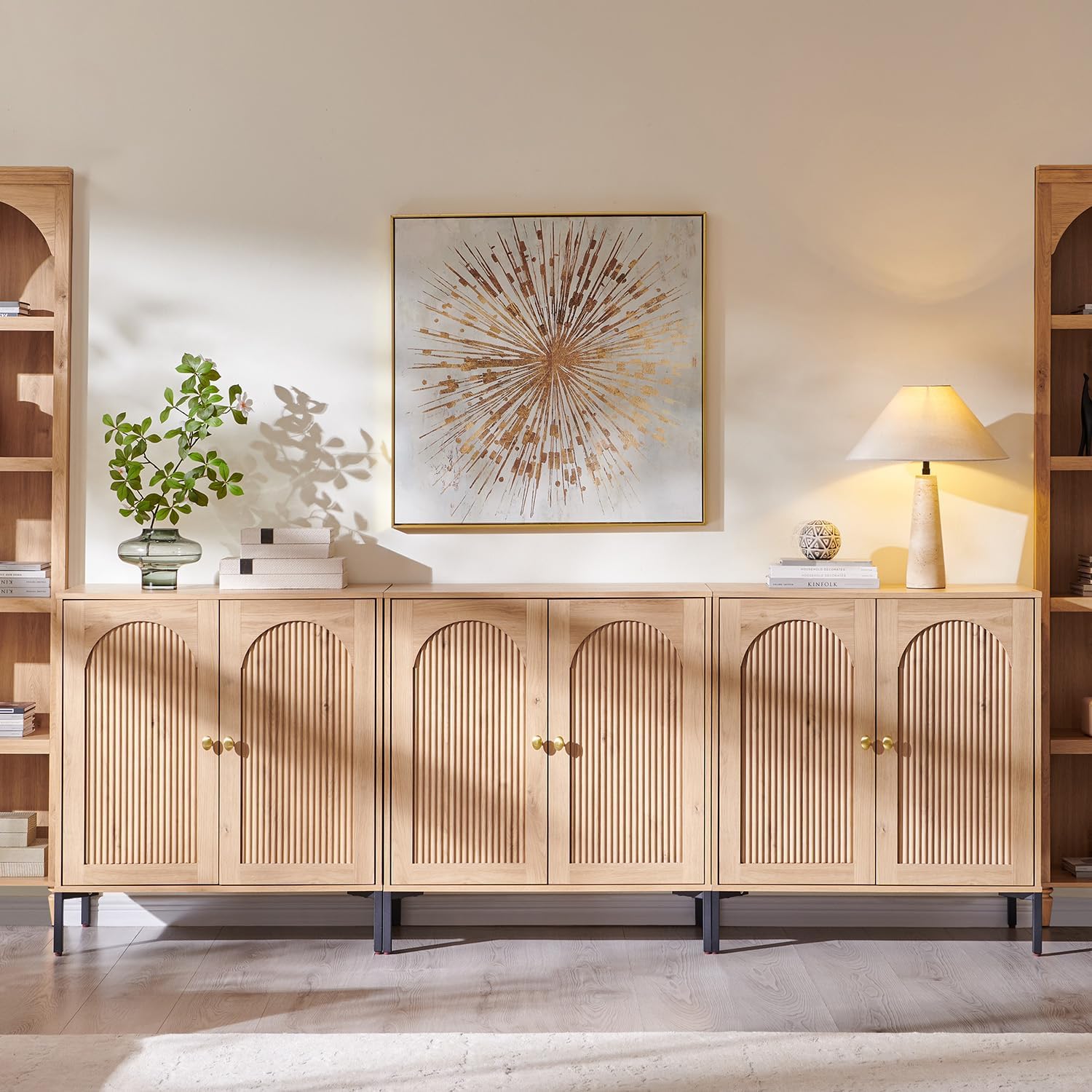 IFGET Modern Buffet Cabinet with Storage, 92.63' W Fluted Arched Sideboard Cabinet w/Adjustable Shelves, Wooden Modular Coffee Bar for Dining Room, Kitchen, Living Room, Entryway, Natural
