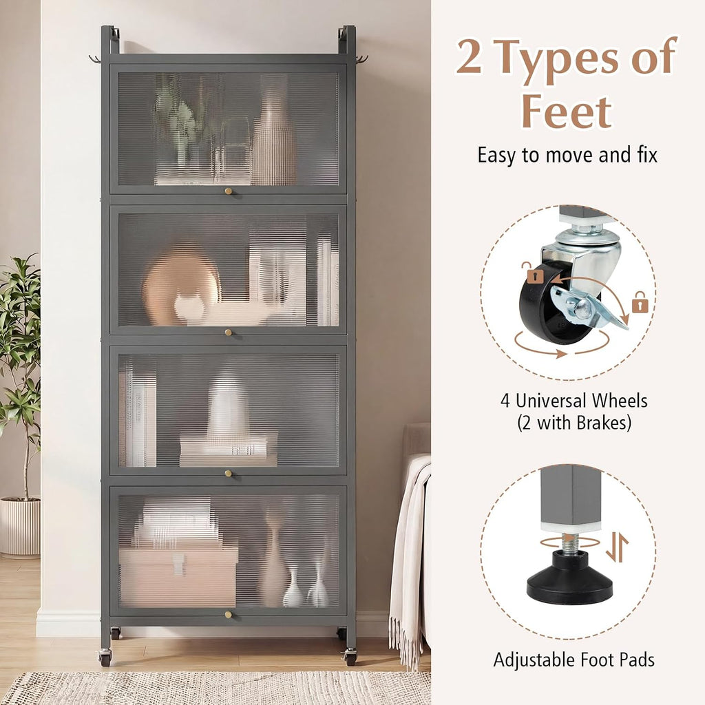 Giantex 5-Tier Kitchen Storage Cabinet, Freestanding Metal Pantry Cabinet w/ 4 Flip-up PC Doors, 4 Hooks & Adjustable Feet, 60' Tall Bakers Rack Microwave Stand for Dining Room, Living Room, Grey