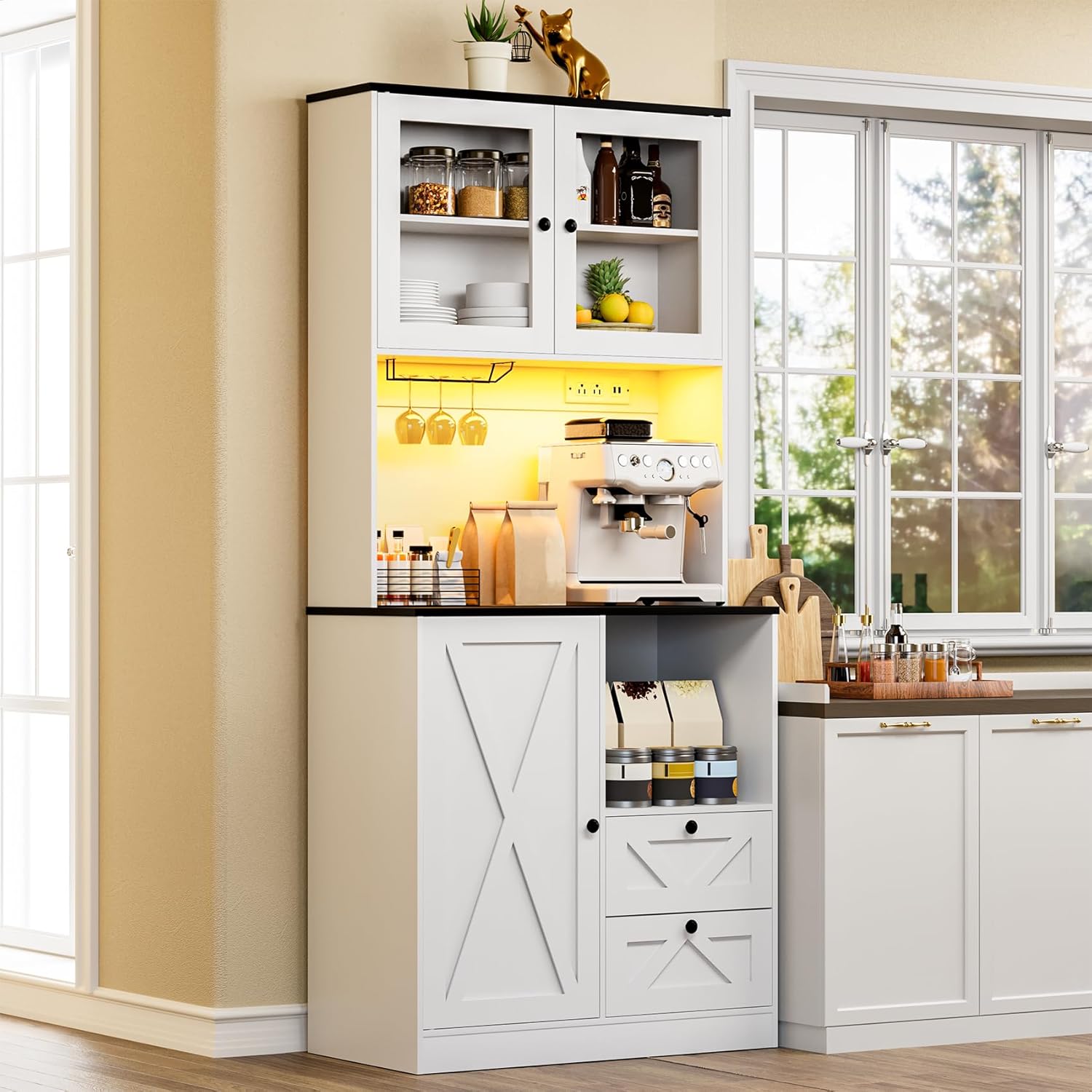 71''Kitchen Pantry Storage Cabinet with LED Lights and Power Outlet, Tall Farmhouse Kitchen Hutch with Microwave Stand,Globet Hooks and Adjustable Shelf for Dining Living Room,White