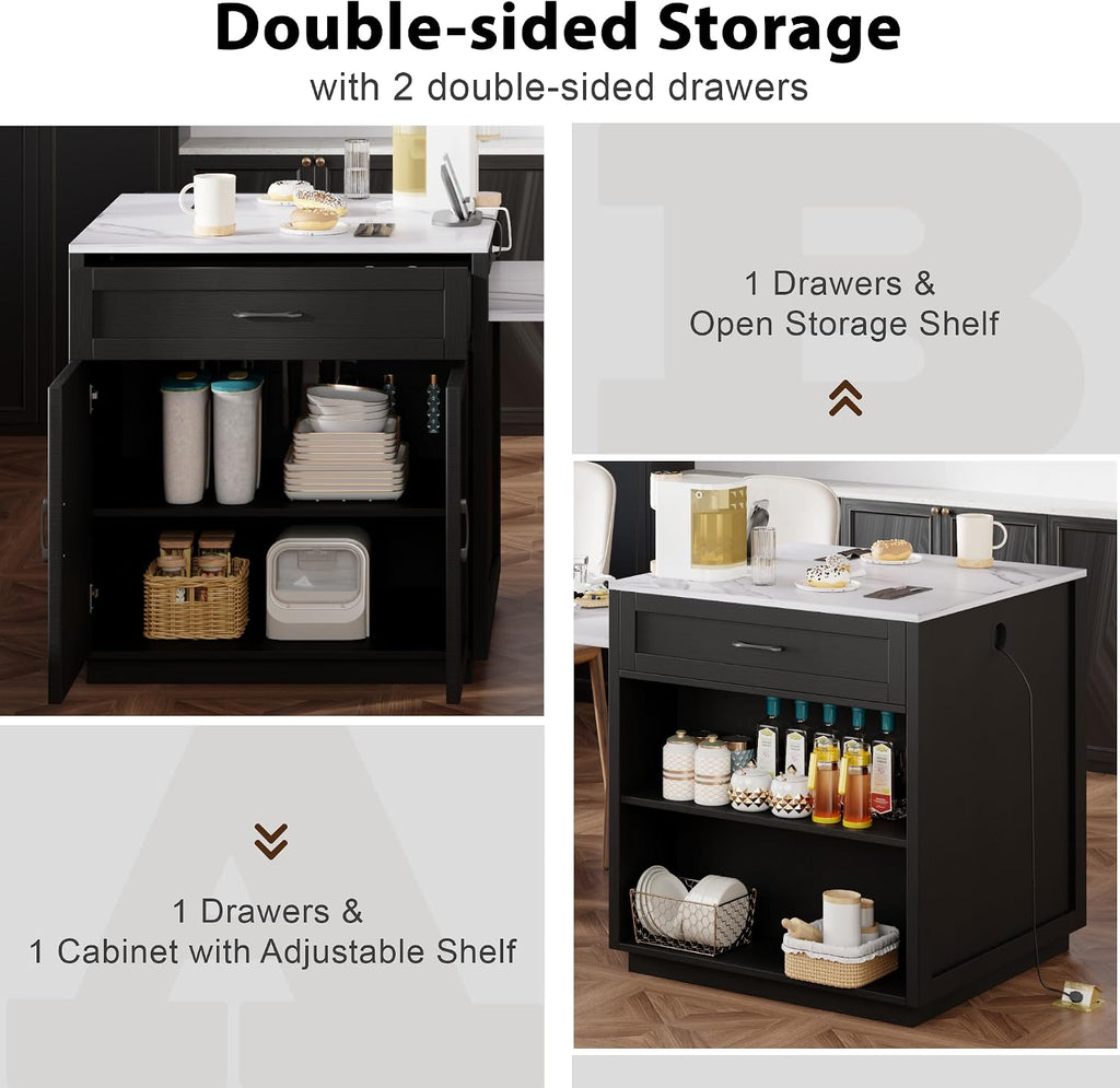 82.7 inches Kitchen Island with Extendable Table, Faux Mable Table with Double-Sized Storage, Power Outlet, 2 Drawers, 2 Side Open Shelves for Kitchen, Dining Room for 4-6 Person, Black