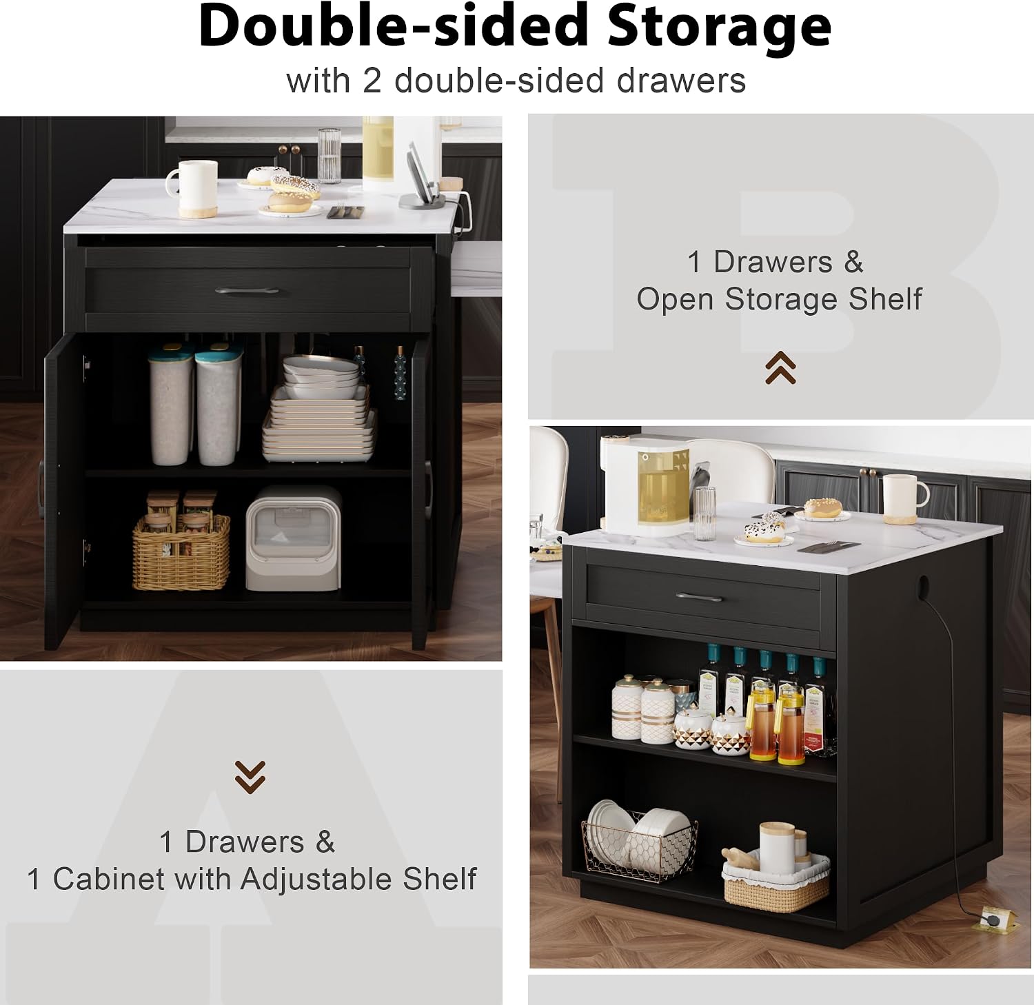 82.7 inches Kitchen Island with Extendable Table, Faux Mable Table with Double-Sized Storage, Power Outlet, 2 Drawers, 2 Side Open Shelves for Kitchen, Dining Room for 4-6 Person, Black