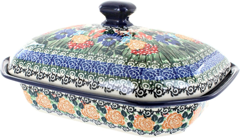 Blue Rose Polish Pottery - Blue Summer Blooms Medium Covered Baker - 3 Cup Capcaity - Unique, Dishwasher Safe, & Durable Bakeware