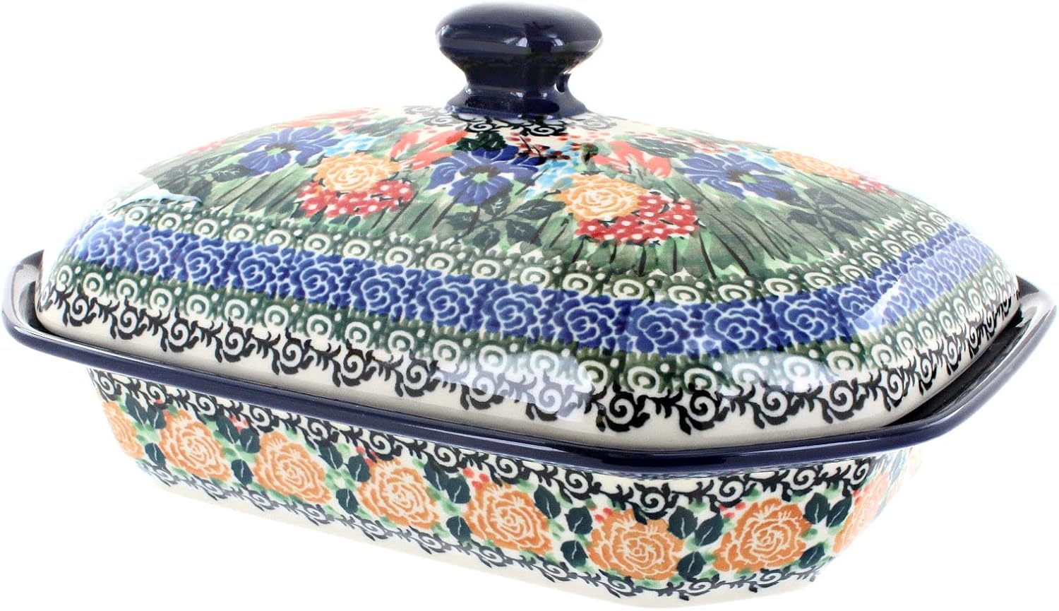Blue Rose Polish Pottery - Blue Summer Blooms Medium Covered Baker - 3 Cup Capcaity - Unique, Dishwasher Safe, & Durable Bakeware