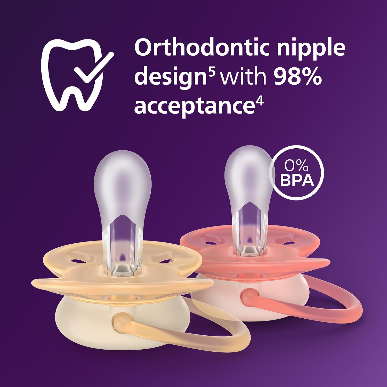 Philips Avent Ultra Soft Pacifiers - Orthodontic Design, for Babies 0-6 Months, Flexible Shield, Silicone Symmetrical Nipple, BPA-Free, 2 Sterilizing Cases, 48 Pack, SCF091/47