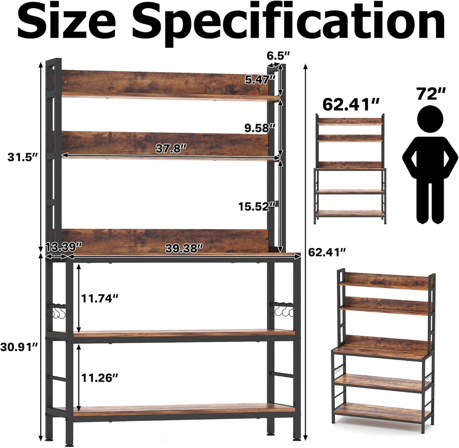 Large Kitchen Baker Rack,5-Tier Free Standing Storage Shelf Racks with Hooks,Microwave Stand with Storage, Metal Kitchen Shelf Rack for Spices,Coffee Bar Station (Brown)