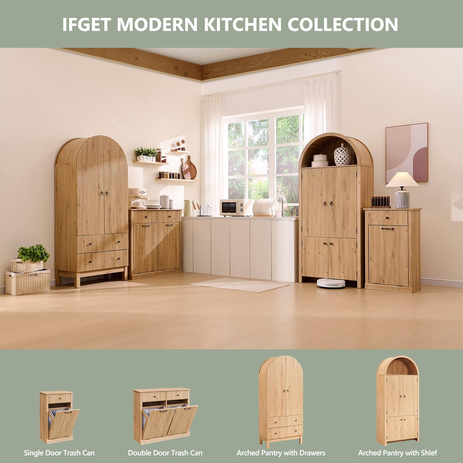 IFGET 71' Tall Arched Kitchen Pantry, Modern Fluted Wood Storage Cabinet with Doors, 3 Adjustable Shelves, 6 Door Shelves, Organizer, Versatile Cupboard for Kitchen, Bathroom, Natural
