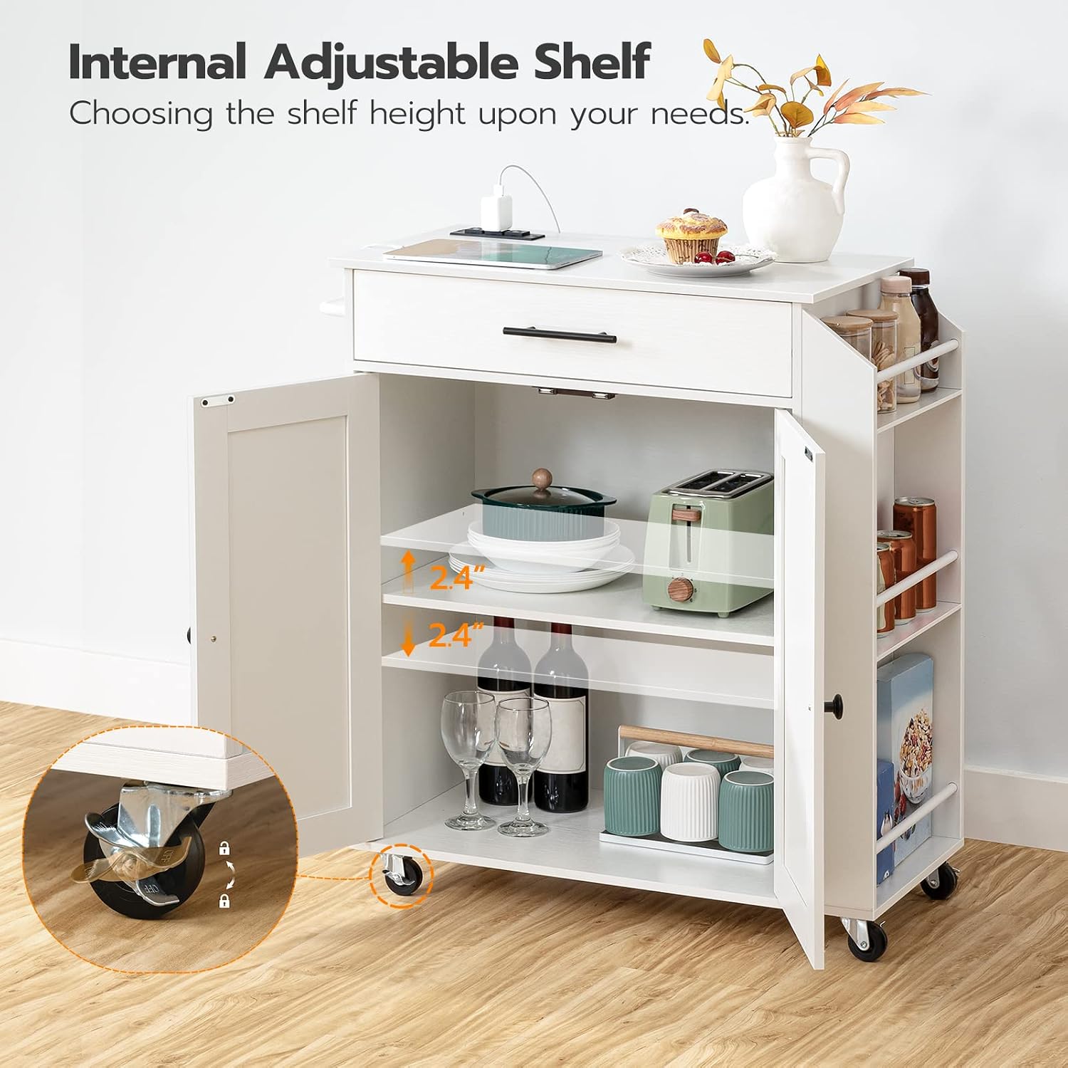 HOOBRO Kitchen Island and Rolling Kitchen Cart with Power Outlet Bundle, Storage Island with Spice Rack and Drawer, for Home WT82UZD01G1-WN88UZD01