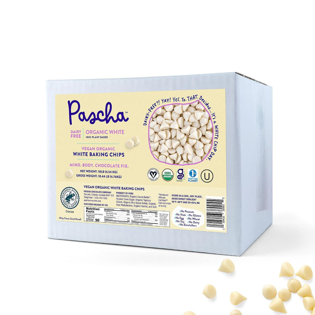 Pascha Organic Vegan White Baking Chips - Dairy-Free Alternative - Rice-Based Bulk Baking Chocolate - Allergen-Free & Plant-Based - Rainforest Alliance Certified Cocoa Butter, (10 lbs)