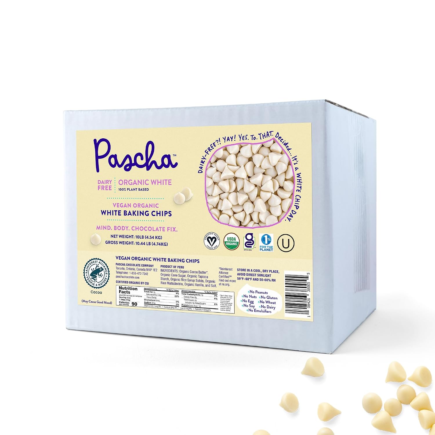 Pascha Organic Vegan White Baking Chips - Dairy-Free Alternative - Rice-Based Bulk Baking Chocolate - Allergen-Free & Plant-Based - Rainforest Alliance Certified Cocoa Butter, (10 lbs)