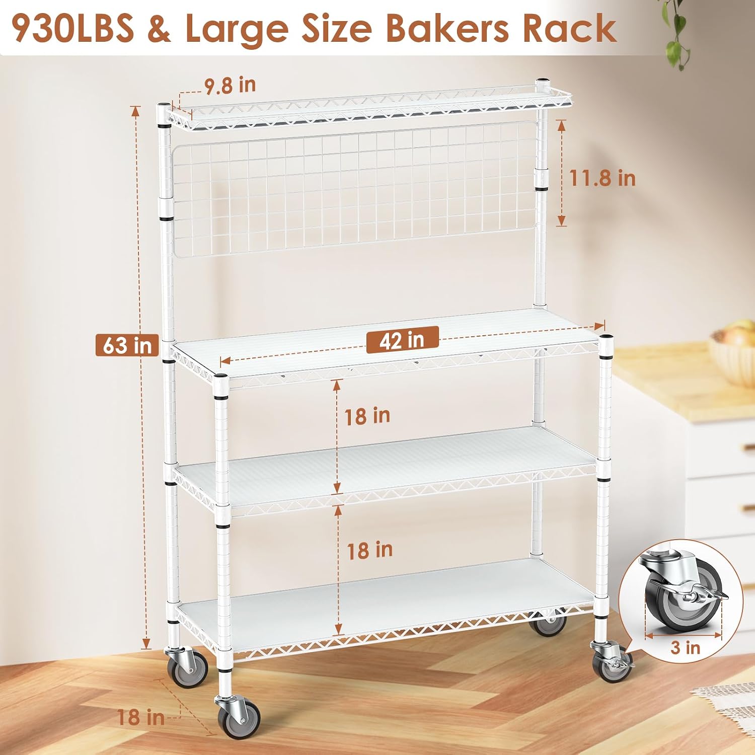 Leteuke 42 Inch Bakers Rack with Wheels, 4-Tier Microwave Stand Kitchen Shelves, NSF Certified Kitchen Storage Cart, Heavy Duty Utility Cart with 20 Hooks & Shelf Liners, 42× 18× 63 Inch, White