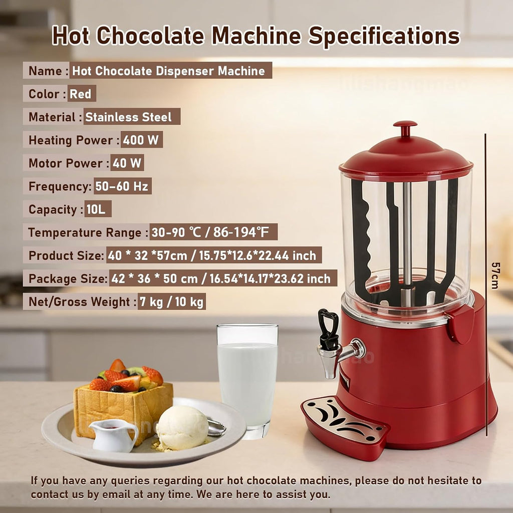 Electric Hot Chocolate Dispenser, Commercial Beverage Warmer with Faucet & Drip Tray, for Large Volume Heating of Milk, Coffee, Tea, for Cafés, Hotels, Bubble Tea Shops 10L-Red