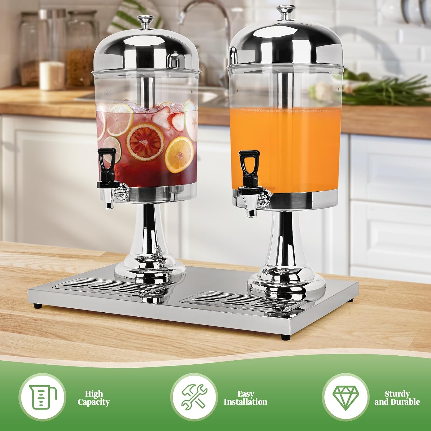 tonchean 4.4 Gallon Dual Drink Dispenser, Beverage Dispensers with Ice Core and Spigot, Stainless Steel Juice Dispenser for Parties, Wedding, Hotel Buffet, Banquet, Restaurant