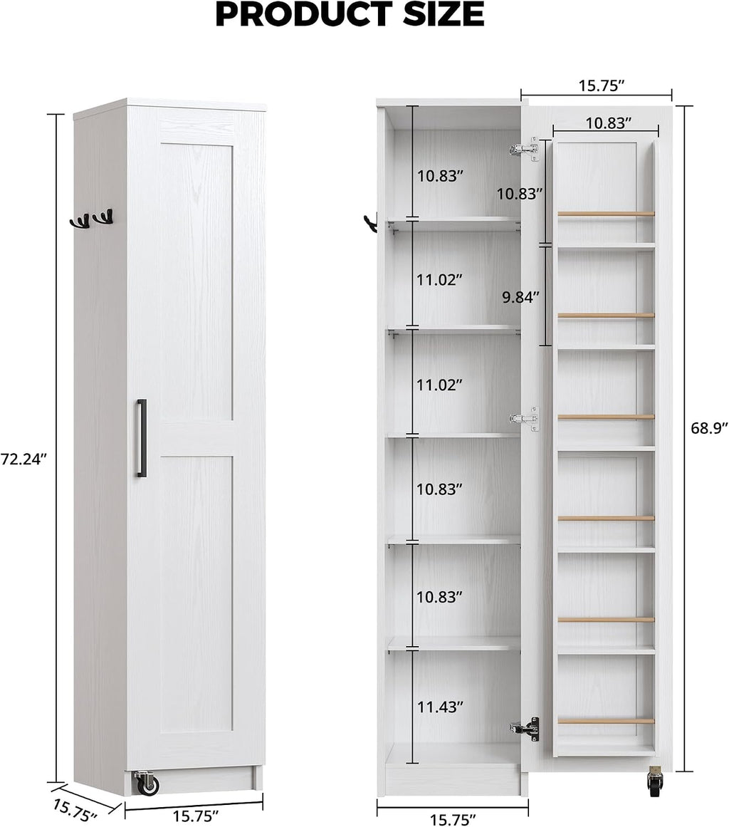 IRONCK Narrow Kitchen Pantry Storage Cabinet, 72' Slim Single Door with 6 Adjustable Shelves, Door Rack and Wheels, Space Saving Freestanding Storage Floor Cabinet for Small Place, White