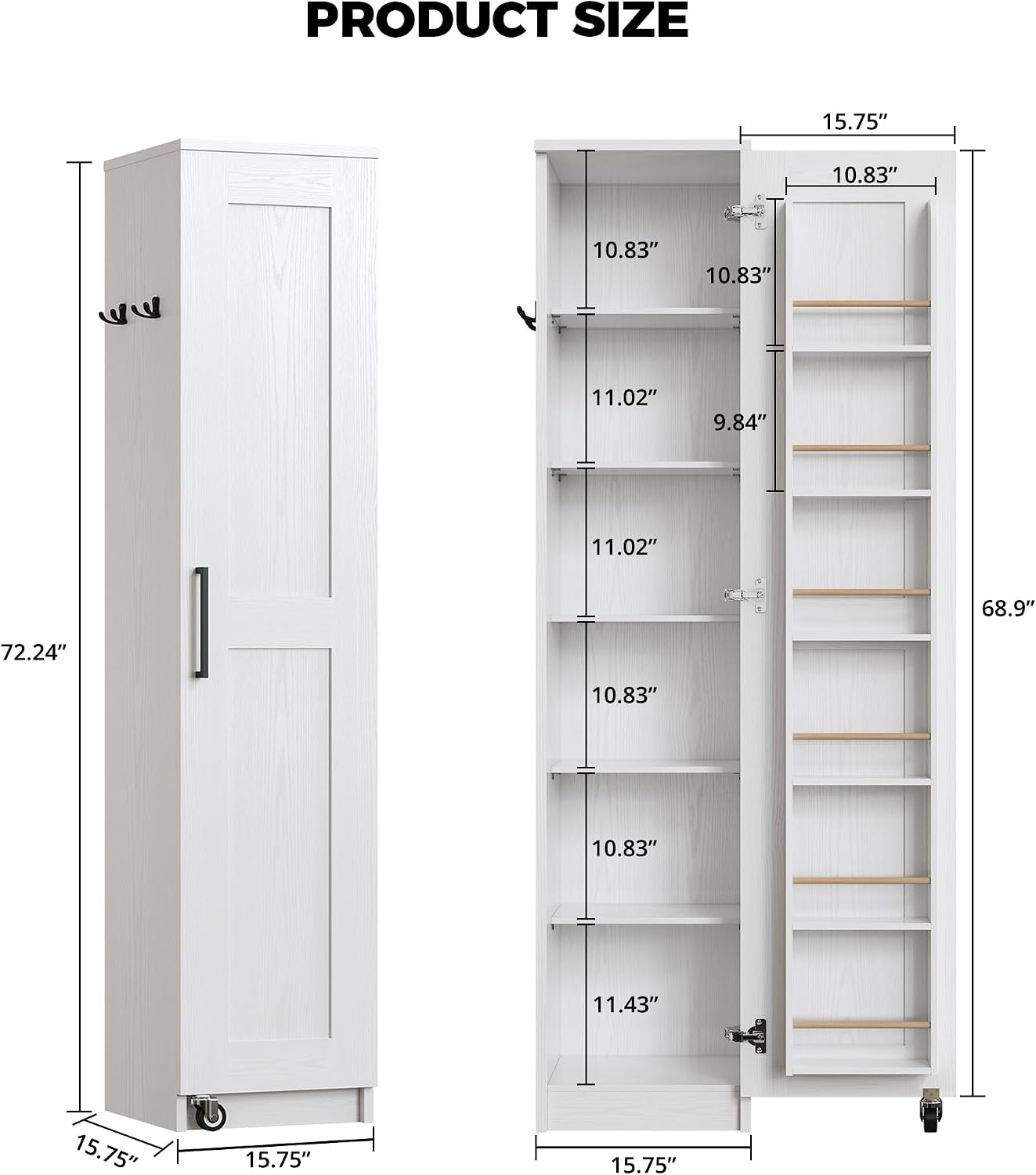 IRONCK Narrow Kitchen Pantry Storage Cabinet, 72' Slim Single Door with 6 Adjustable Shelves, Door Rack and Wheels, Space Saving Freestanding Storage Floor Cabinet for Small Place, White
