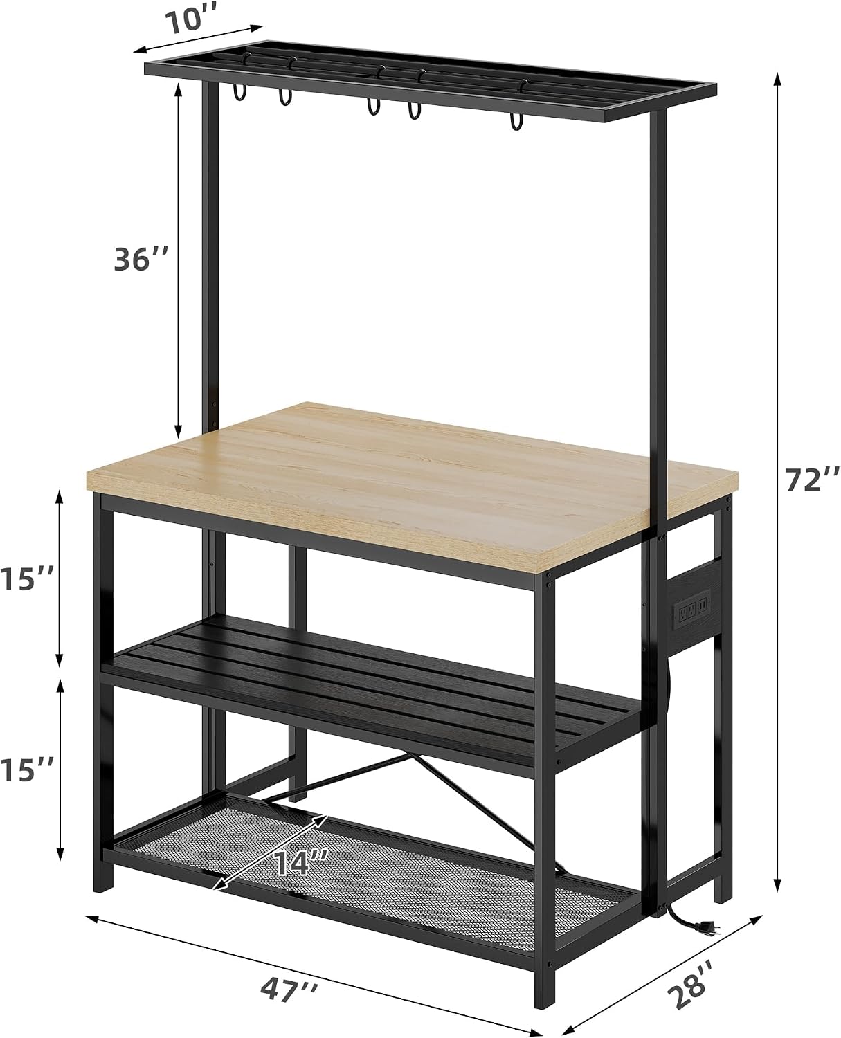 47' Large Kitchen Island Table,Bakers Rack With Power Outlet,3-Tier Storage-Microwave Stand Oven Shelf,Metal Coffee Bar Table,Kitchen Storage Shelf for Dining Living Room, 5 Hooks,47'x28'x72'