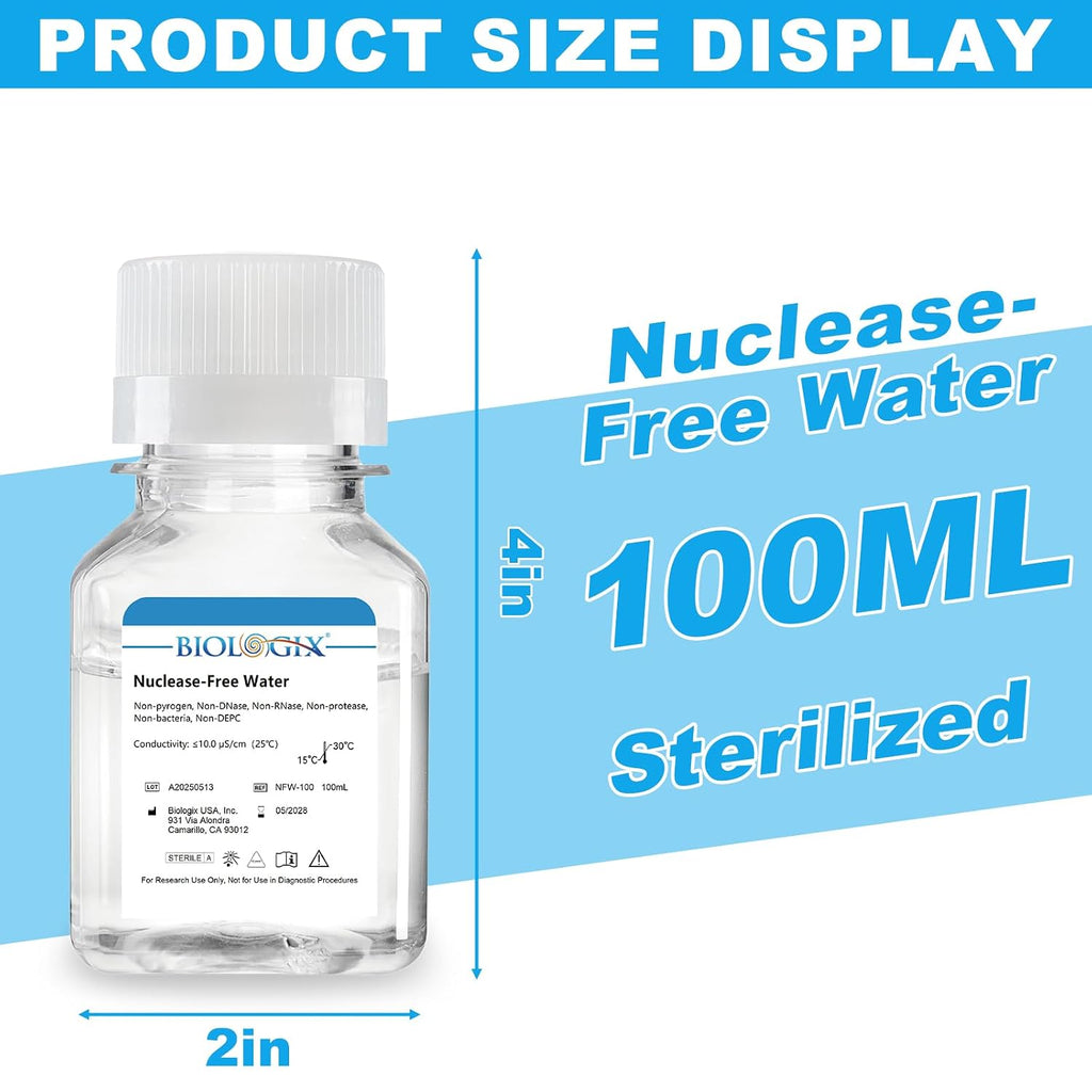 Ultra Pure Water, Nuclease Free Water Molecular Biology Grade, Sterilization, DNase, RNase, Protease, Endotoxins (Pyrogen) Free, PCR/RT-PCR Certified, 100ml/Bottle, 100 Bottles/Case