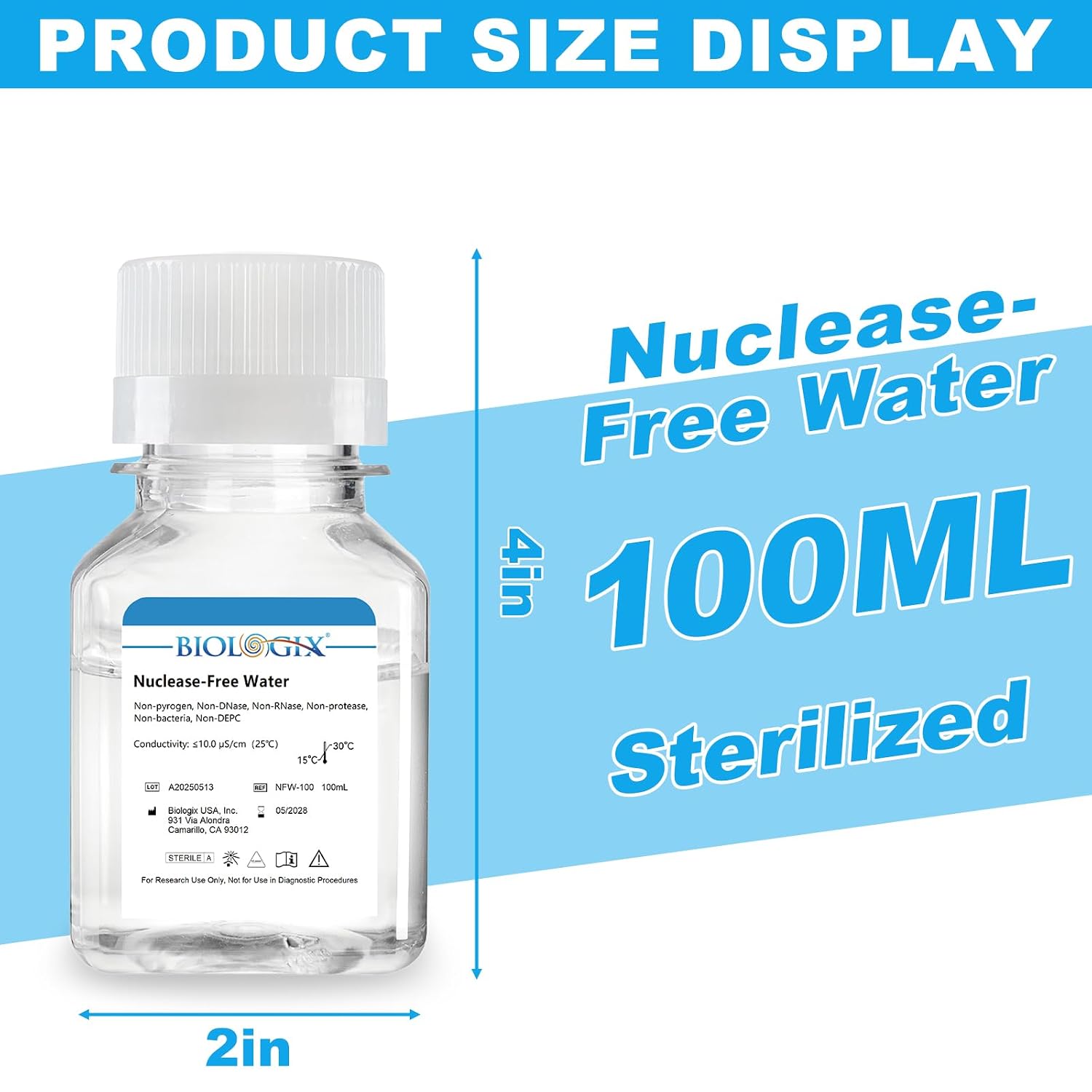 Ultra Pure Water, Nuclease Free Water Molecular Biology Grade, Sterilization, DNase, RNase, Protease, Endotoxins (Pyrogen) Free, PCR/RT-PCR Certified, 100ml/Bottle, 100 Bottles/Case