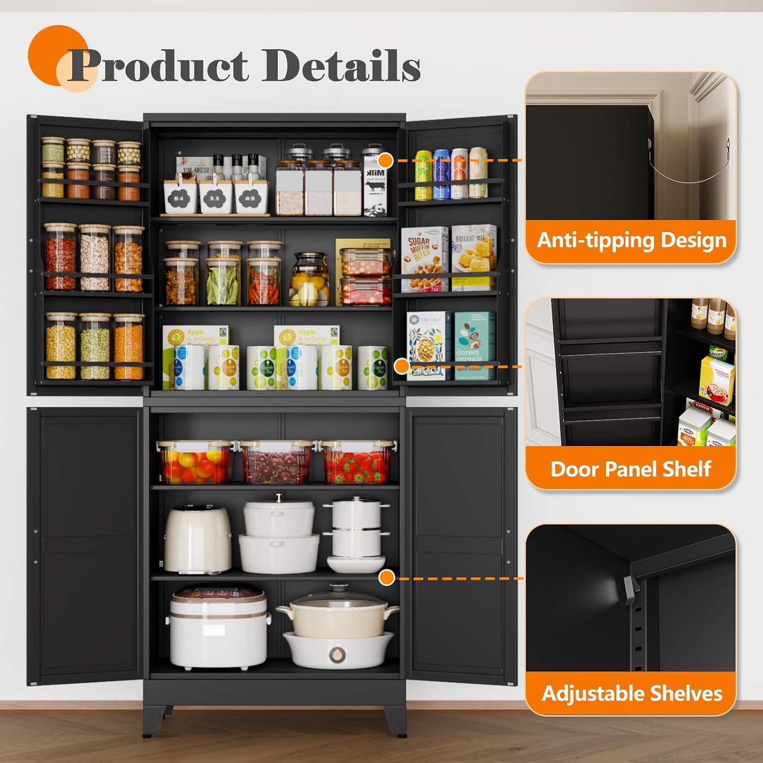 GAIOUS 74.8' Tall Metal Food Cabinet, Black Kitchen Pantry Cabinet, Storage Cabinets with 4 Door and 4 Adjustable Shelves, Steel Freestanding Cupboard for Kitchen Dining Room Living Room Bathroom