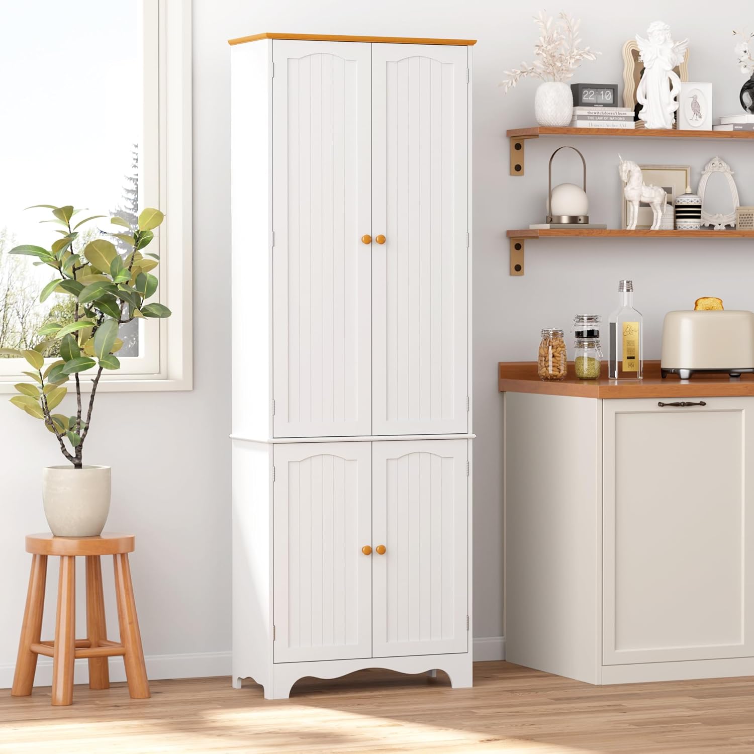Yusong 72'' Tall Kitchen Pantry Cabinet, Freestanding Storage Cabinet with Doors and Shelves, Wooden Food Pantry Farmhouse Cupboard Buffet for Kitchen Dining Living Room, White