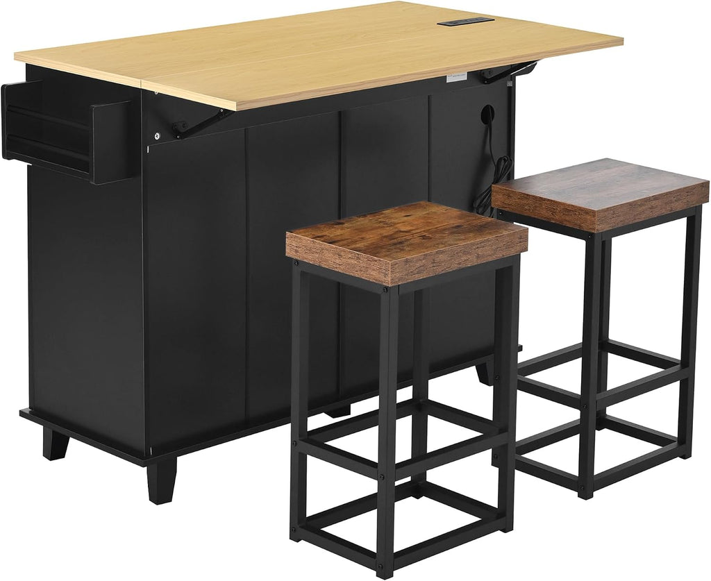 Farmhouse Kitchen Island with Drop Leaf and 2 Seatings, Kitchen Table Set with Storage Cabinet, Drawers, Door Shelves and Power Outlet Black+Rustic Brown
