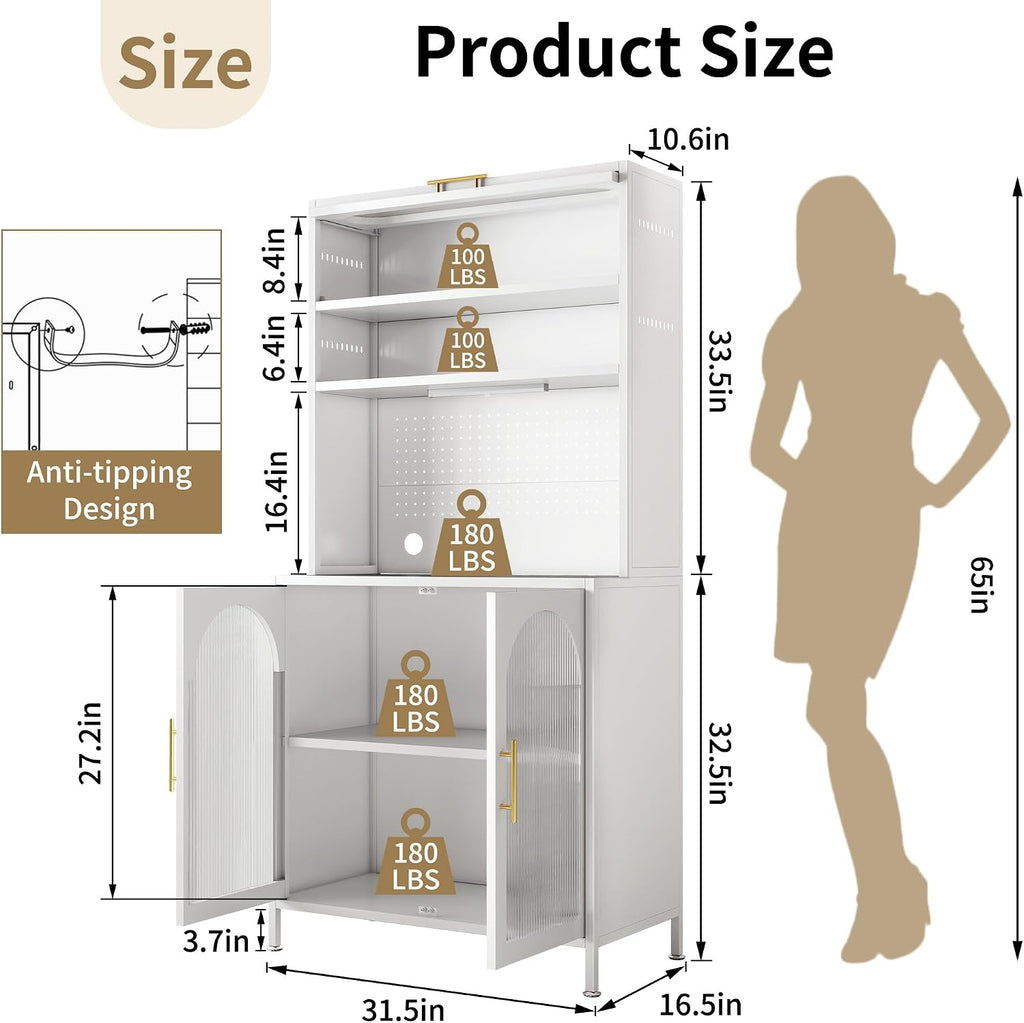 BECHEAO 5 Tier Metal Kitchen Pantry Storage Cabinet with LED Sensor Light, 66' Tall Food Pantry Cabinet, DIY Pegboard, Adjustable Shelves, Microwave Stand & Coffee Bar with Storage for Kitchen, White