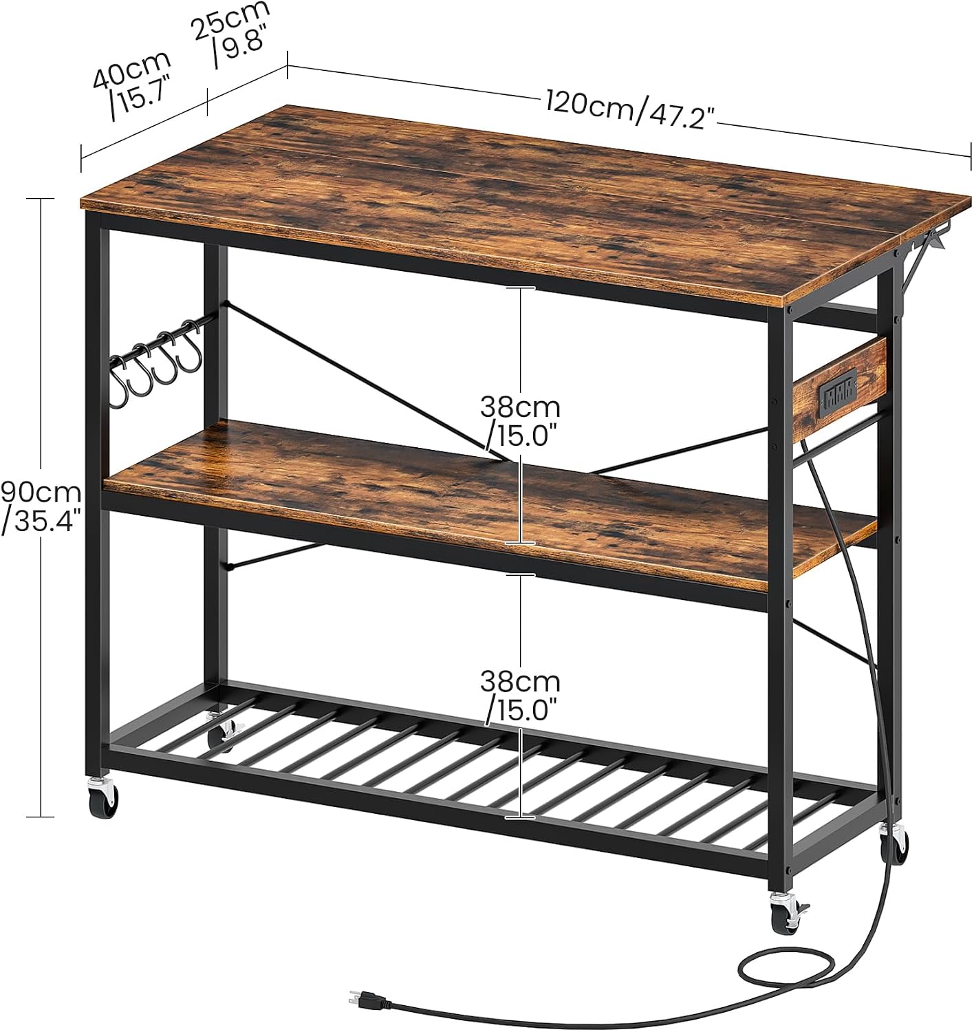 CHOEZON Kitchen Island with Power Outlet and Pot Racks Bundle, Movable with 3-Tier Storage, for Kitchen, Dining and Living Room TZD02UBF-TPR15BB
