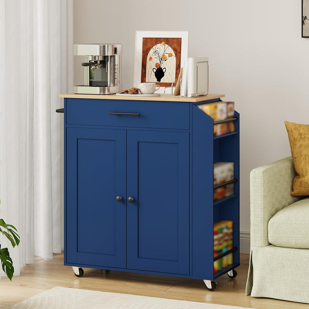 HOOBRO Kitchen Island with Power Outlet, Kitchen Storage Island with Spice Rack and Drawer, Rolling Kitchen on Wheels, for Home, Dining Room, Natural and Blue UN82UZD01G1