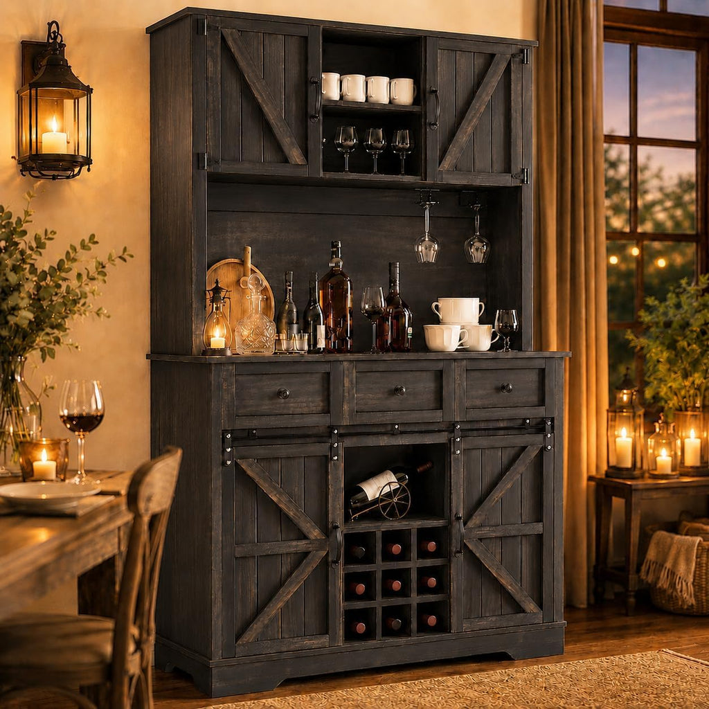 Farmhouse Coffee Bar Cabinet with Wine Rack, 72 'Tall Kitchen Storage Cabinet with 3 Drawers, 9-Bottle Wine Holder, 6 Hooks, Sliding Barn Doors and Adjustable Shelves, for Dining Room, Rustic Oak