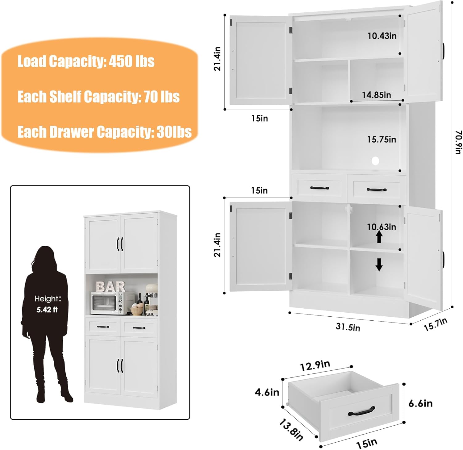 HOSTACK 71' Tall Kitchen Pantry Storage Cabinet, Modern Kitchen Hutch Bar Cabinet with Microwave Stand, Wood Buffet Sideboard with Hutch, Cupboard with Drawers, Shelves for Dining Room, White