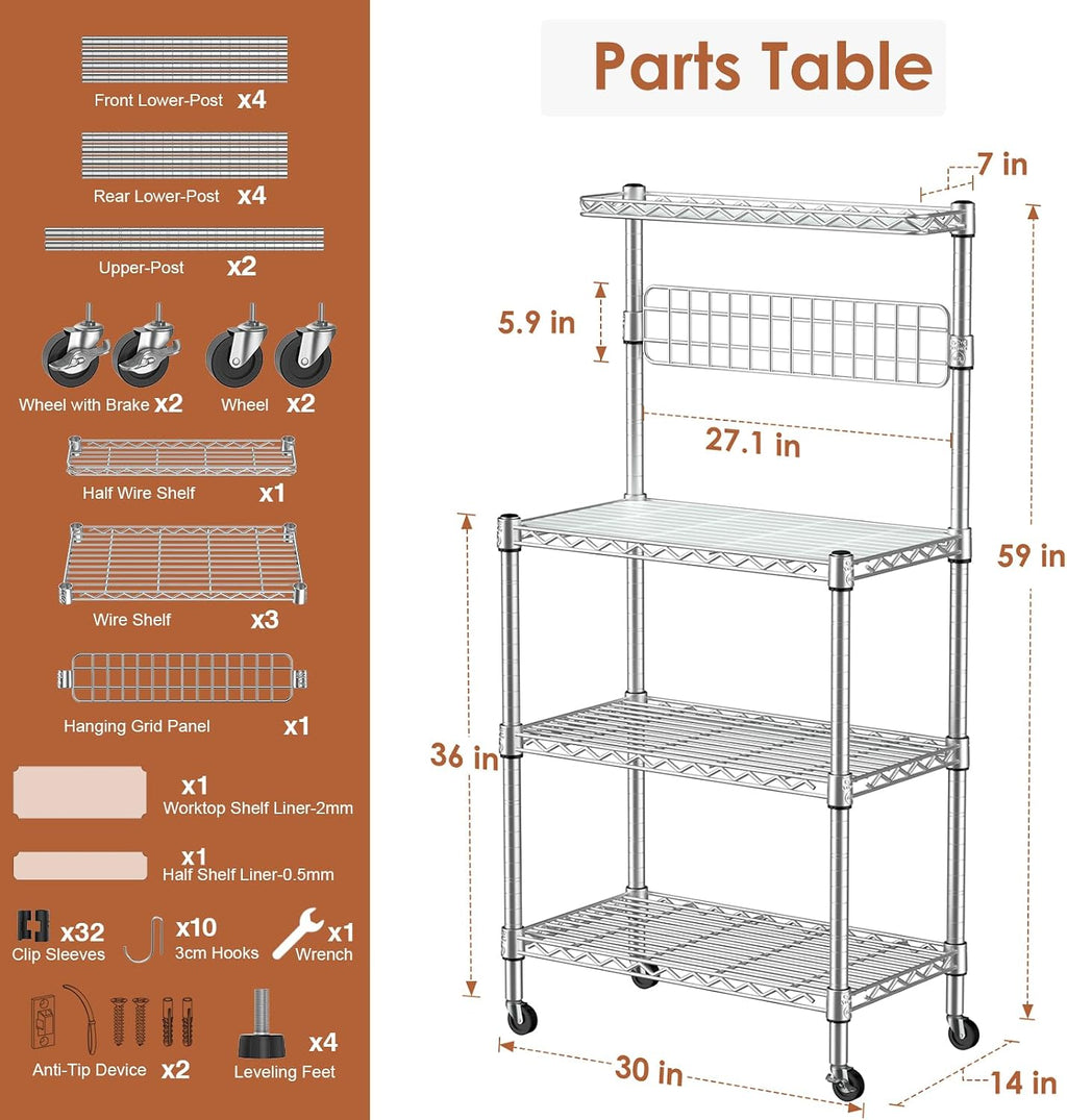 Leteuke Bakers Rack for Kitchen with Storage, NSF Certified 4-Tier Adjustable Coffee Bar with Wheels 10 S-Hooks Microwave Stand Kitchen Storage Shelf Metal Storage Rack 30 x 14 x 59 Inches, Chrome