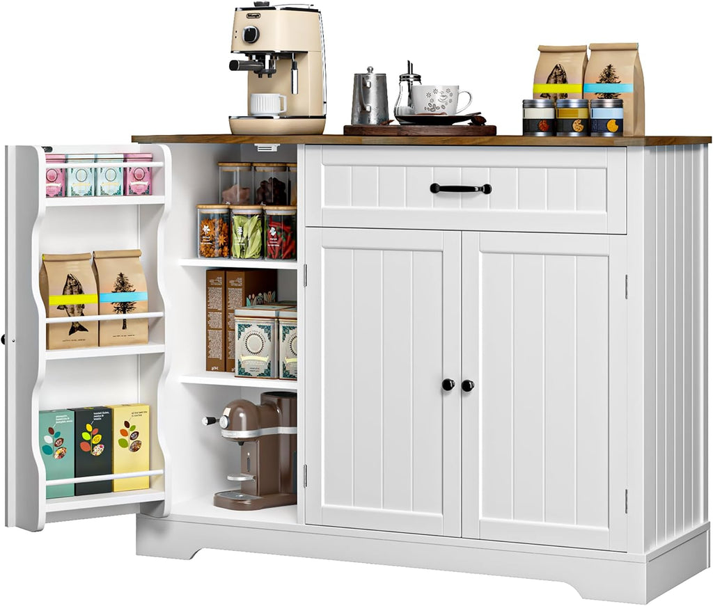 Gizoon Kitchen Coffee Bar Cabinet with Storage Kitchen Sideboard Buffet Cabinet with Drawers, Short Pantry with Door and Shelves for Bathroom and Living Room, White and Rustic