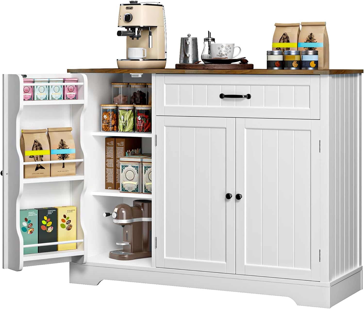 Gizoon Kitchen Coffee Bar Cabinet with Storage Kitchen Sideboard Buffet Cabinet with Drawers, Short Pantry with Door and Shelves for Bathroom and Living Room, White and Rustic