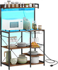 Rack with Power Outlet and LED Lights, Bakers Racks for Kitchens with Storage, Industrial Microwave Stand with Glass Holders, Metal Basket, Multiple Shelves, Rustic Brown
