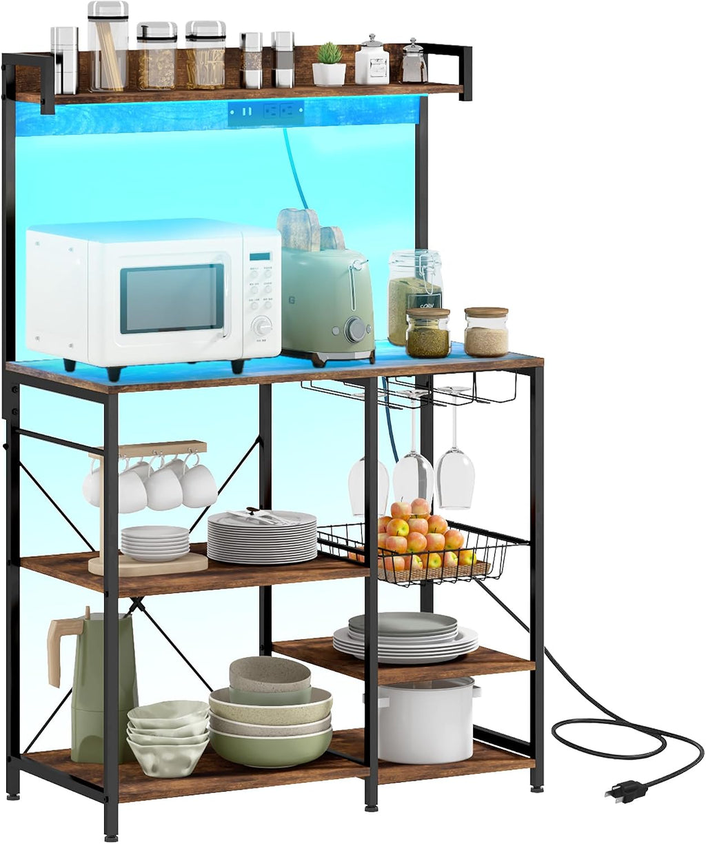 Rack with Power Outlet and LED Lights, Bakers Racks for Kitchens with Storage, Industrial Microwave Stand with Glass Holders, Metal Basket, Multiple Shelves, Rustic Brown