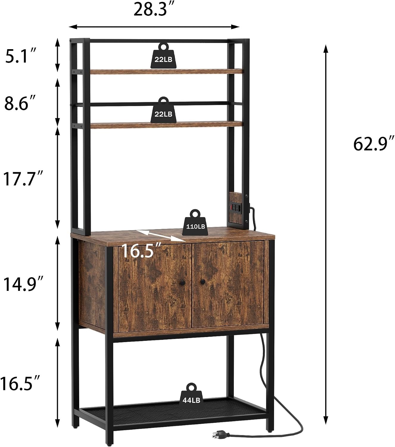 Katutude Kitchen Baker's Rack with Storage Cabinet,5-Tier Baker with Power Outlets Wood Dish Cabinet Metal Spice Rack Microwave Oven Stand for Kitchen Dining Room Brown
