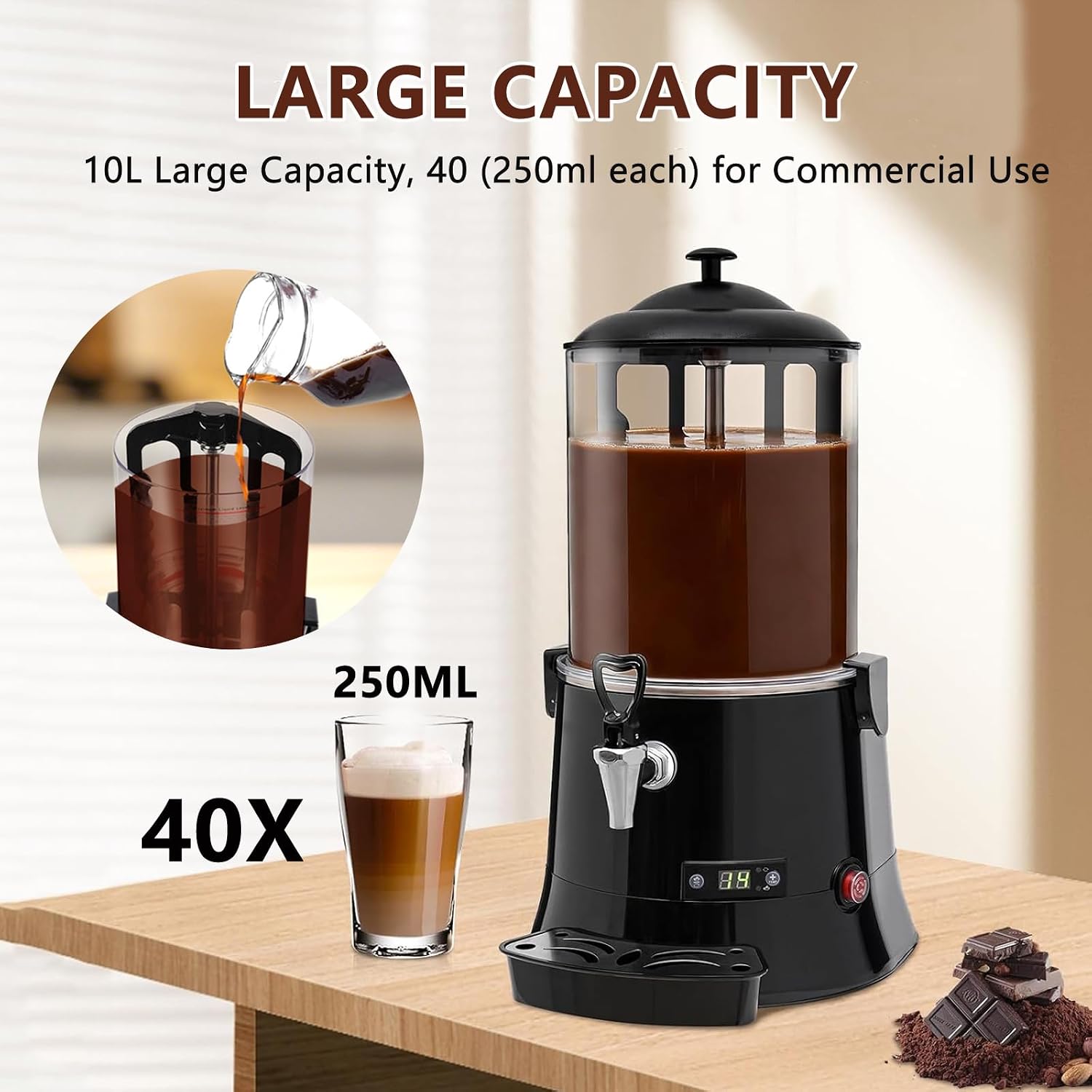 Commercial Hot Chocolate Machine & Beverage Dispenser, 5L/10L Electric Warmer for Coffee, Hot Chocolate, Milk Tea, 600W Chocolate Dispenser Warmer for Cafes & Restaurants,10L