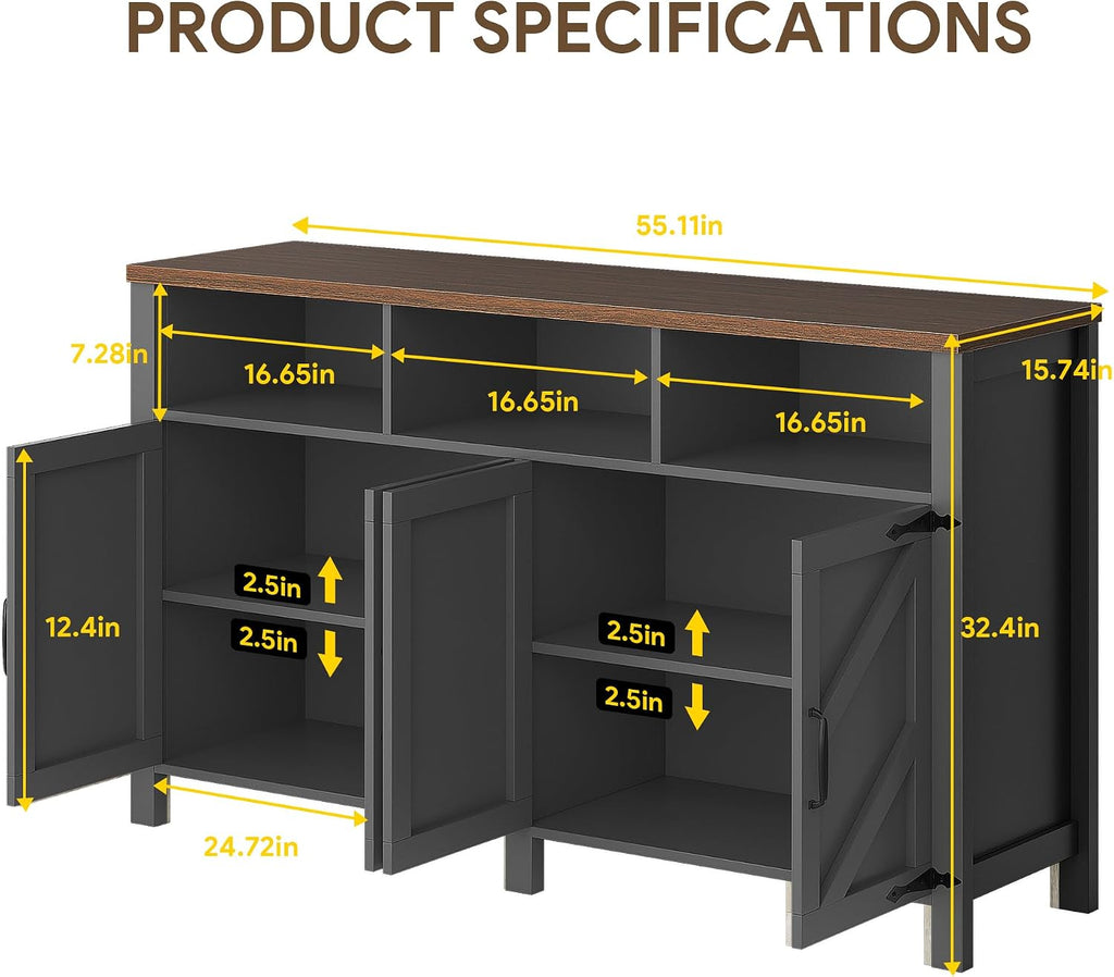 knoworld Buffet Sideboard with Storage Farmhouse with 4 Doors, 55'' Large Kitchen Storage Cabinet Wood Coffee Bar Cabinet Buffet Table with Shelves for Kitchen, Dining Room, Entryway (Black, 55 in)
