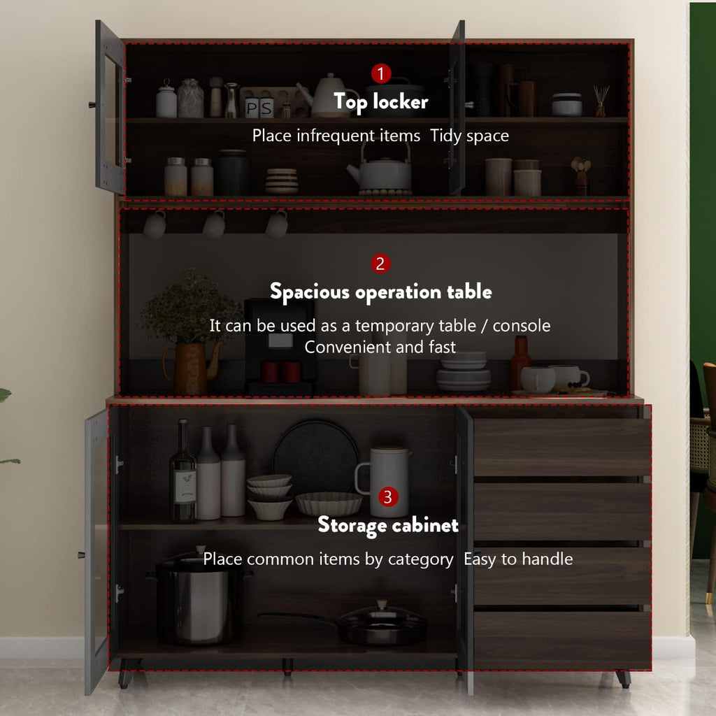 AGOTENI Large Kitchen Hutch Cabinet, Storage Cupboard Pantry with 4 Glass Doors, 4 Drawers & Microwave Shelf, for Kitchen Open Storage, Rustic Brown (63' W x 15.7' D x 74.8' H)