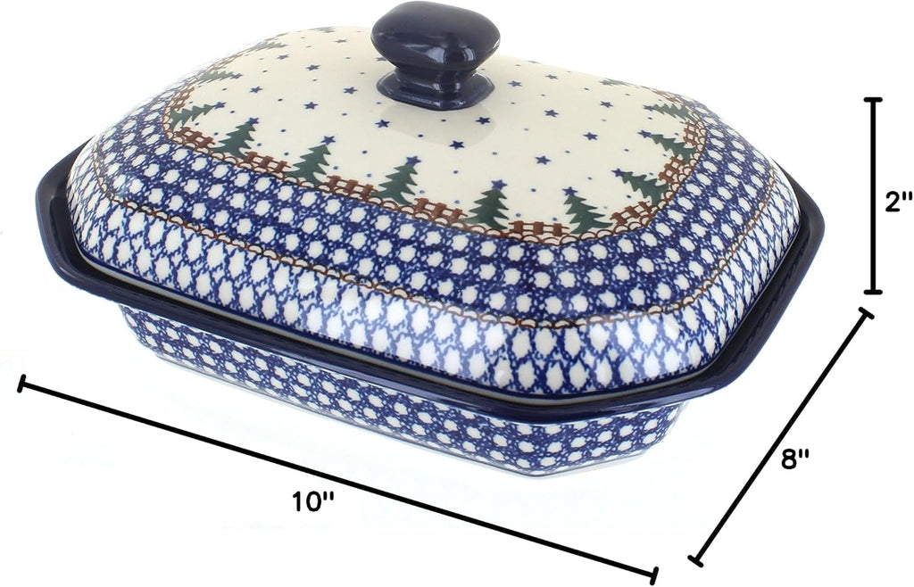 Blue Rose Polish Pottery - Blue Rustic Pines Medium Covered Baker - 3 Cup Capcaity - Unique, Dishwasher Safe, & Durable Bakeware