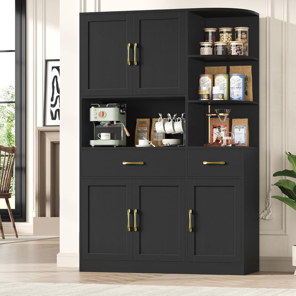 BOTLOG 67' Kitchen Pantry Cabinet, Modern Kitchen Hutch with 5 Doors and 2 Drawers, 3-Tier External Shelf, Large Pantry Storage Cabinet with Microwave Stand for Dining Room, Black