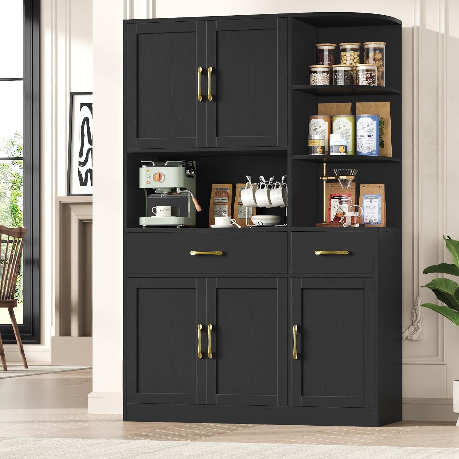 BOTLOG 67' Kitchen Pantry Cabinet, Modern Kitchen Hutch with 5 Doors and 2 Drawers, 3-Tier External Shelf, Large Pantry Storage Cabinet with Microwave Stand for Dining Room, Black