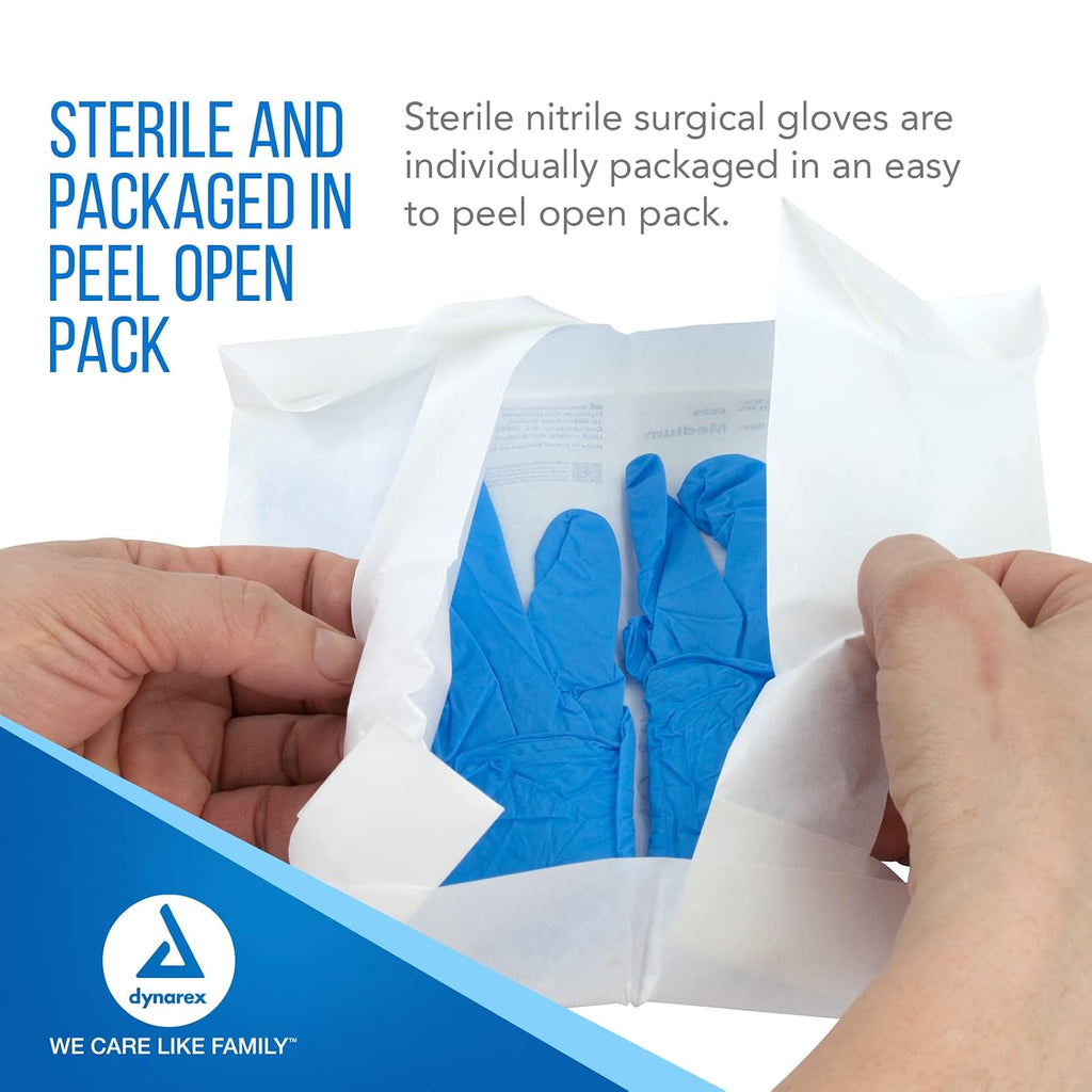 Dynarex Sterile Disposable Nitrile Exam Gloves, Powder-Free, Sterilely Packaged in Pairs, Textured Palms, Blue, Small, 1 Case - 8 Boxes of 50 Pairs