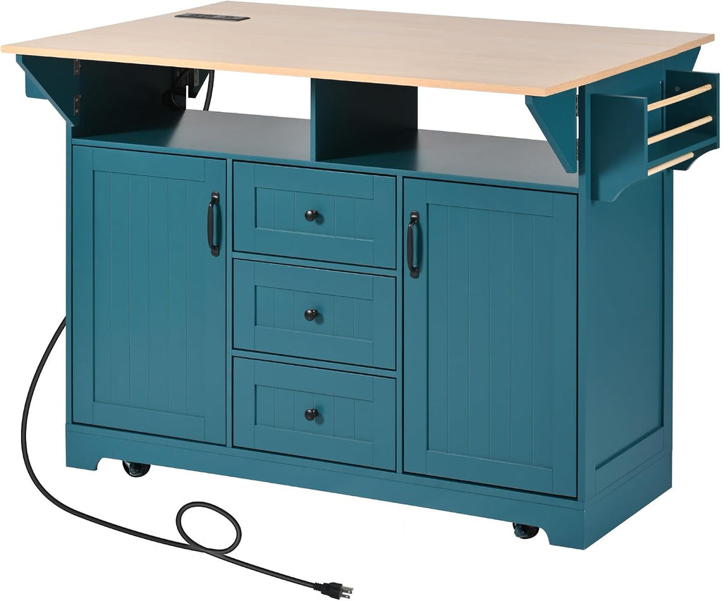 Modern Large Kitchen Island with 2 Drop Leaf, Rolling Kitchen Cart on 5 Wheels with Power Outlet, Folding Storage Dining Table for Kitchen, Dining Room