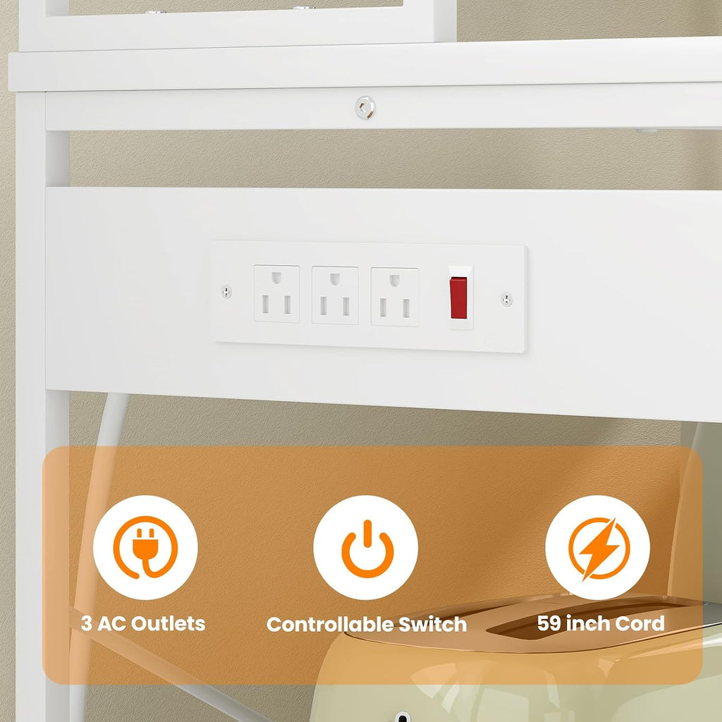 5 Tier Kitchen Appliance Stand with Power Outlet Microwave and Coffee Bar Station White Storage Rack with Shelves Freestanding Organizer for Home Counter Space Organizer Engineered Wood