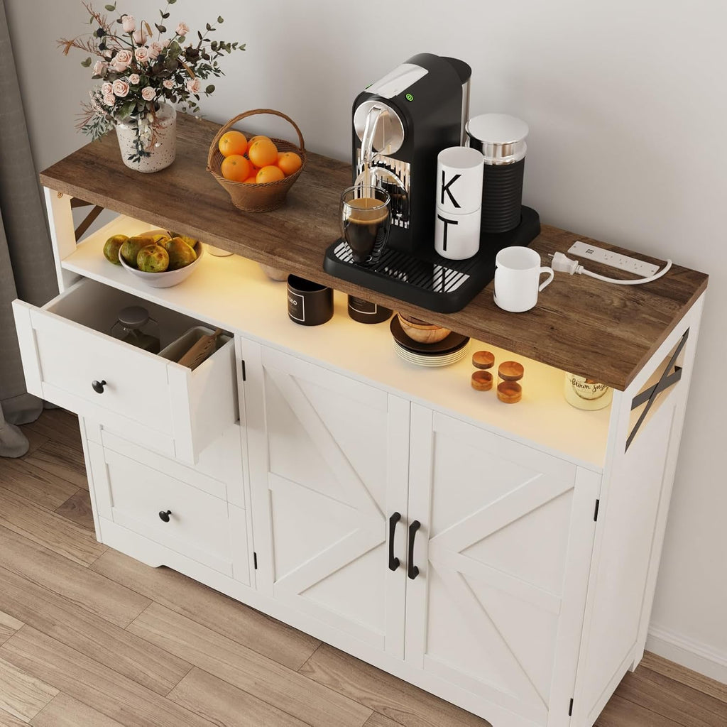 Befrases Farmhouse Buffet Cabinet with Drawers & Open Shelf, Sideboard with Storage, Kitchen Pantry Cabinet Hutch, Coffee Bar Station for Kitchen, Livingroom, 47' L White