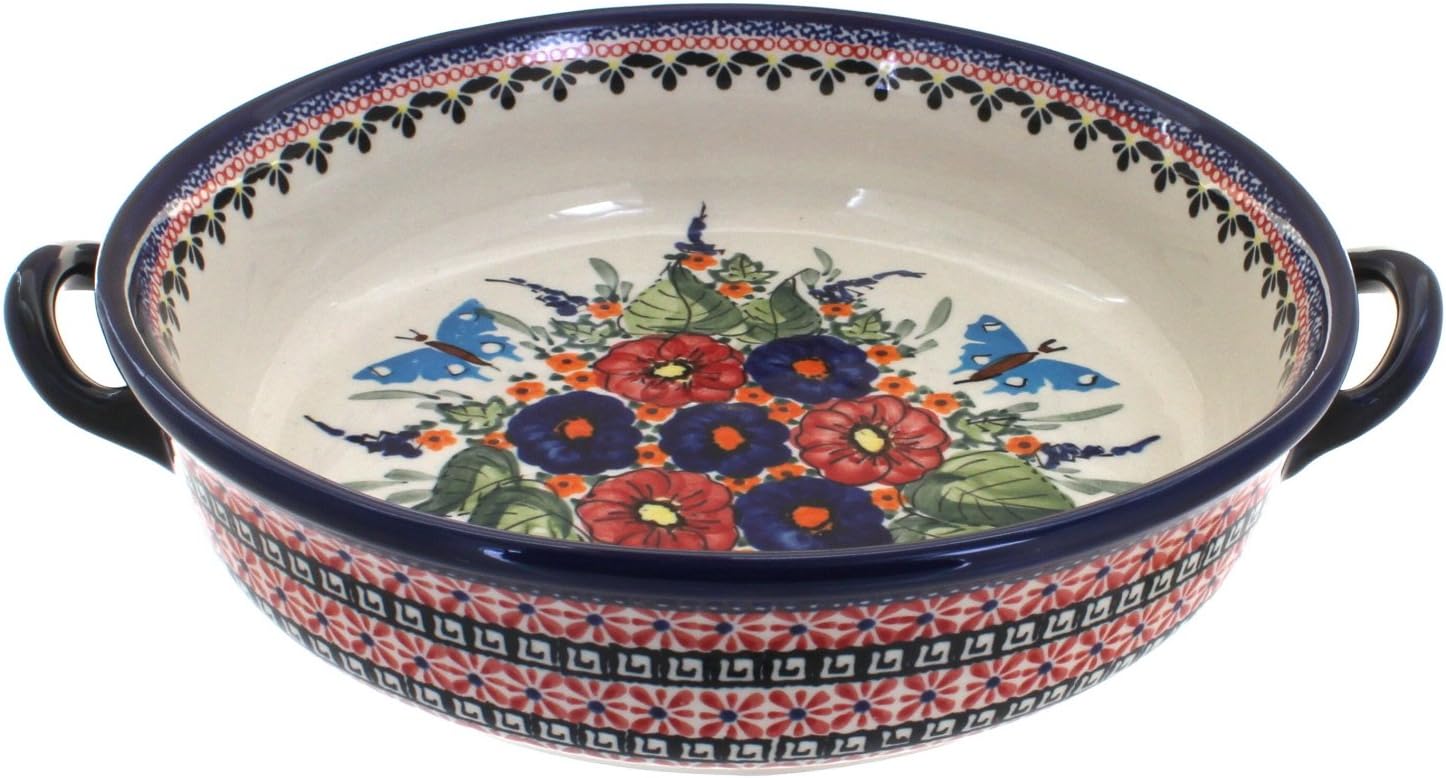 Blue Rose Polish Pottery - Red Floral Butterfly Round Casserole with Handles - 10.25' Diameter - Unique, Dishwasher Safe, & Durable Bakeware