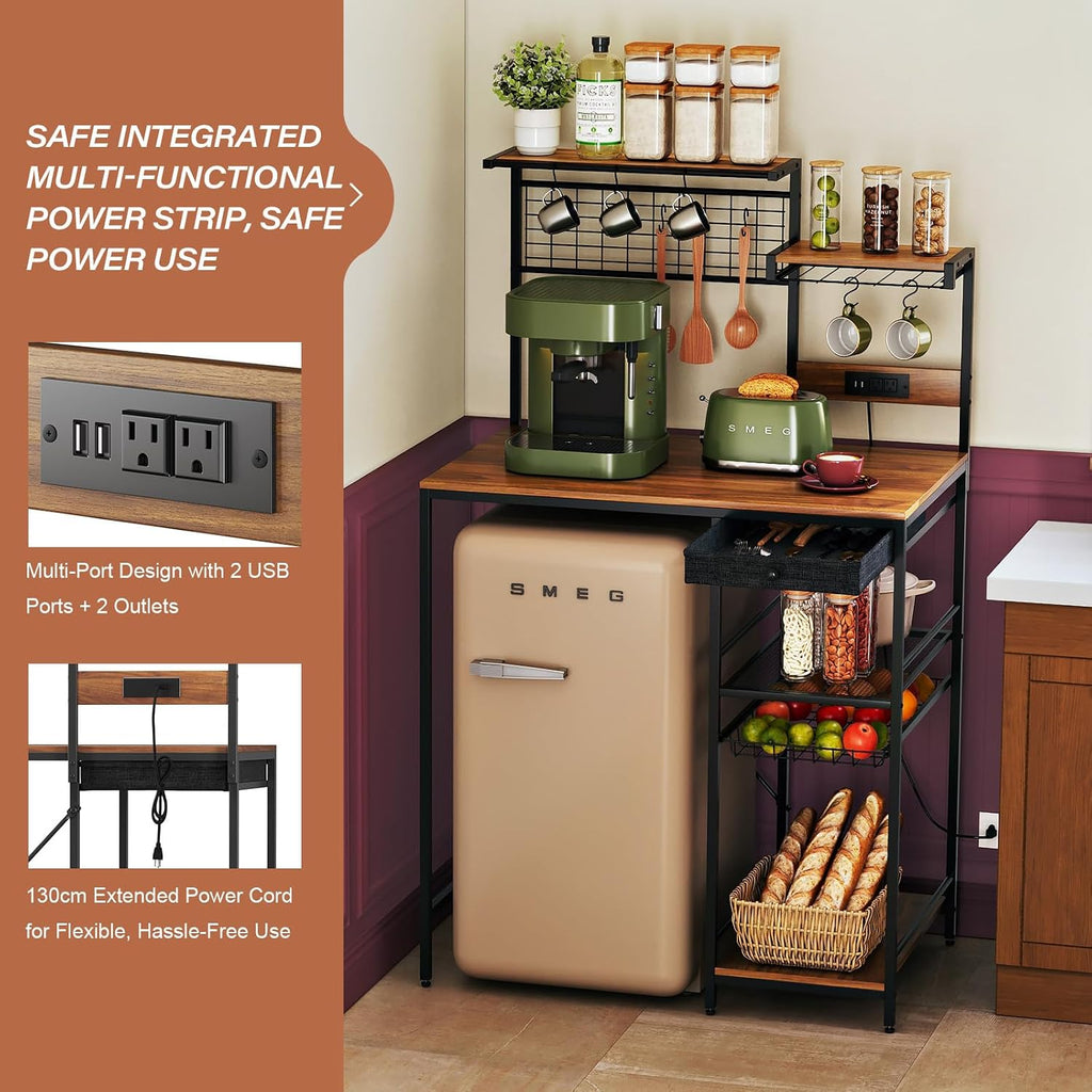 Fixed Kitchen Storage Shelf with Outlets & USB | Heavy Duty Baker's Rack with Pull-Out Basket & Hooks, Holds Microwave, Coffee Maker, Spice Organizer for Pantry, Kitchen, Apartment